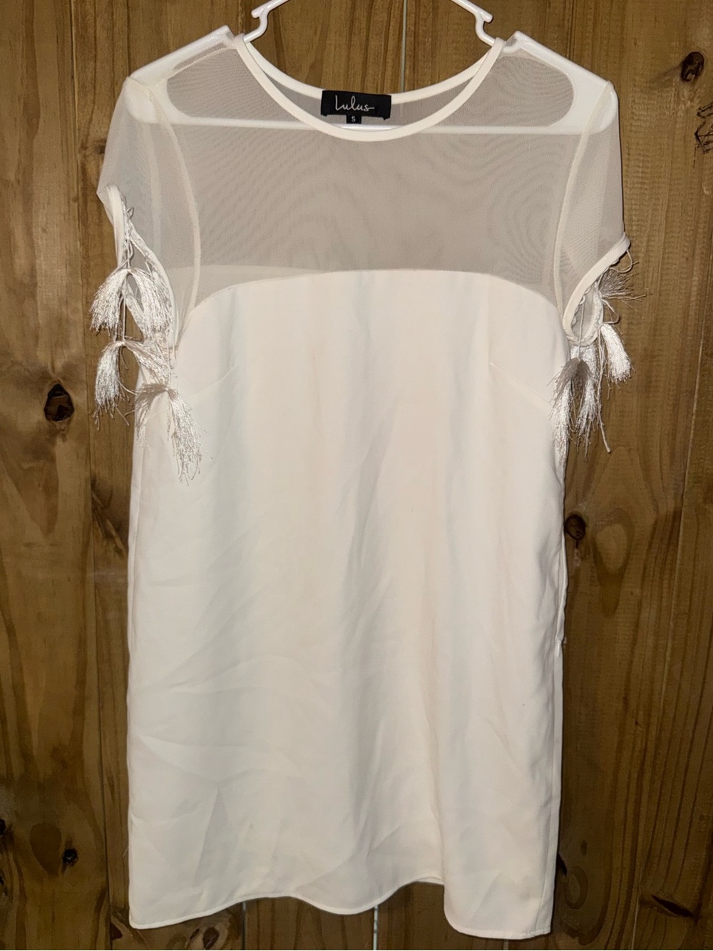 Lulu's Ivory Mesh Yoke Shift Dress with Tassel Sleeve Detail